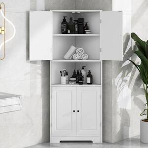 25 in. W x 14.96 in. D x 63.18 in. H White Tall Corner Linen Cabinet with 4-Doors Adjustable Shelf and Open Shelf