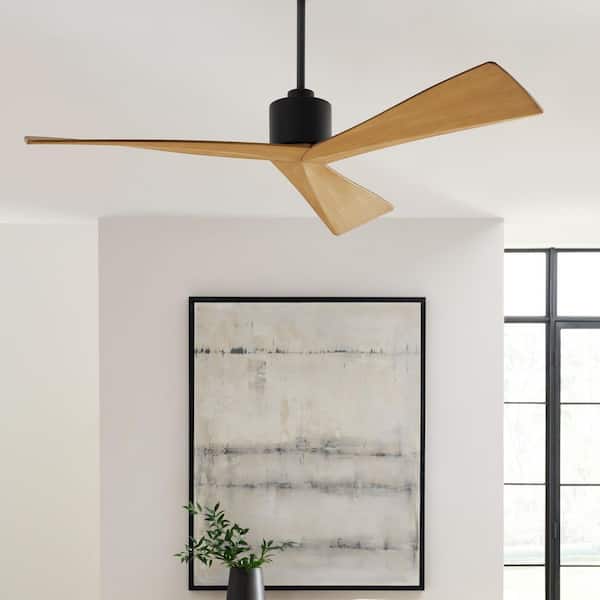 Generation Lighting - Fan Adler 52 in. Indoor/Outdoor Black Modern Standard Downrod Mount Ceiling Fan with Remote and Natural Honey Blades