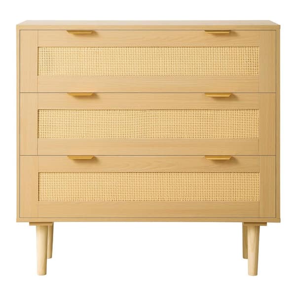 3-Drawer Rattan Dresser, Metal Handles, Wooden Legs, Modern Closet Storage Chest for Bedroom Living Room Hallway