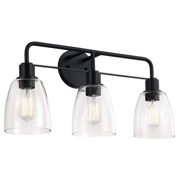KICHLER Meller 24 in. 3-Light Black Vintage Bathroom Vanity Light with Clear Glass