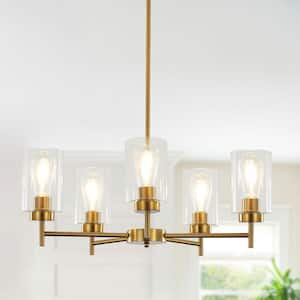 Delmo 5-Light Gold Dimmable Rustic Chandelier with Cylinder Glass Shade Kitchen Island Pendant Light for Dining Room