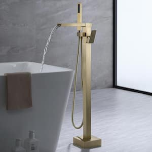 Single-Handle Floor Mount Freestanding Waterfall Tub Filler Bathroom Tub Faucets with Handheld Shower in Brushed Gold