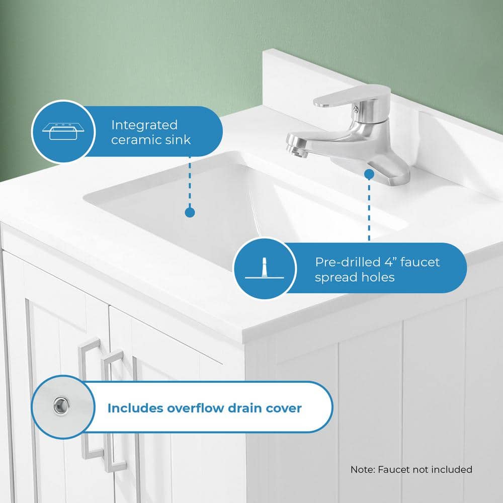 Kansas 24" White MDF Freestanding Bathroom Vanity with Ceramic Sink
