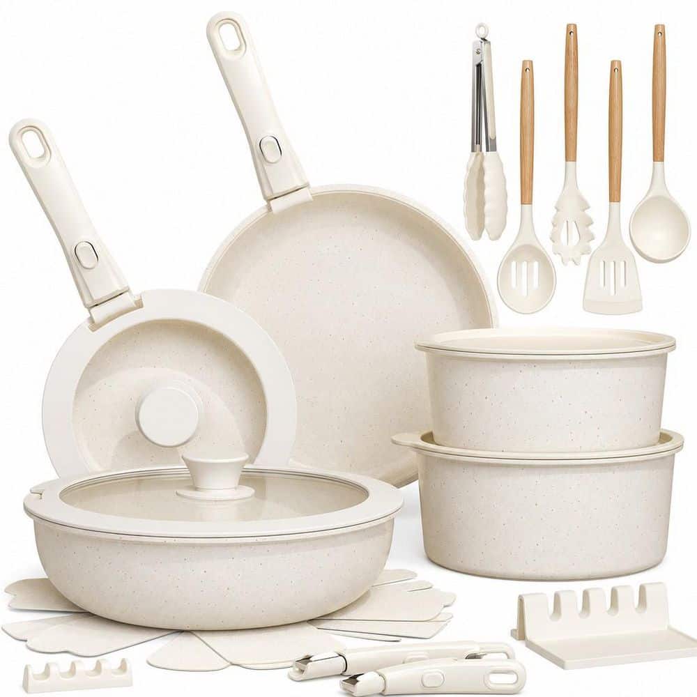 Numhew 21-Piece Cream White Ceramic Non-Stick Cookware Pots and