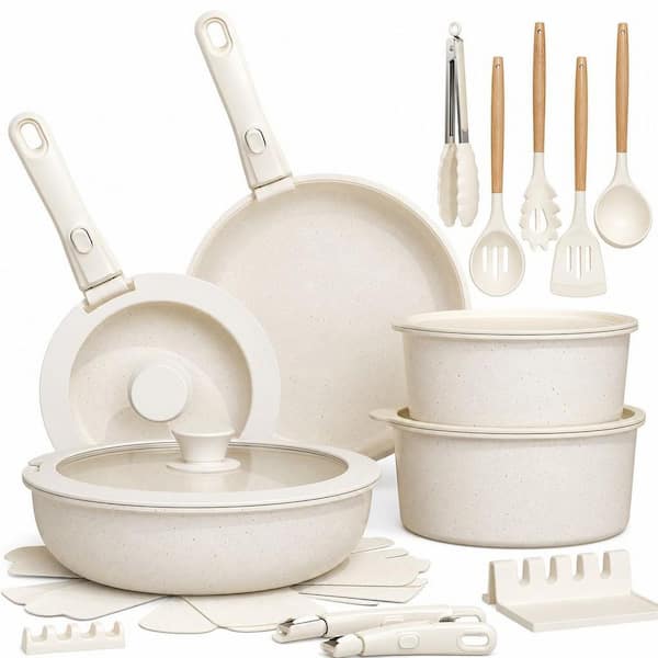 21-Piece Cream White Ceramic Non-Stick Cookware Pots and Pans Set, Detachable Handle Oven Safe Induction Ready Stackable