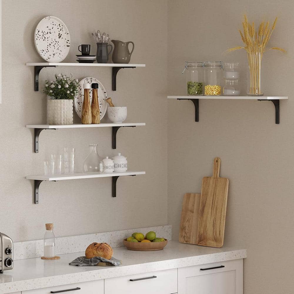 23.6 Inch White Wood Floating Wall Shelves with Black Metal Brackets