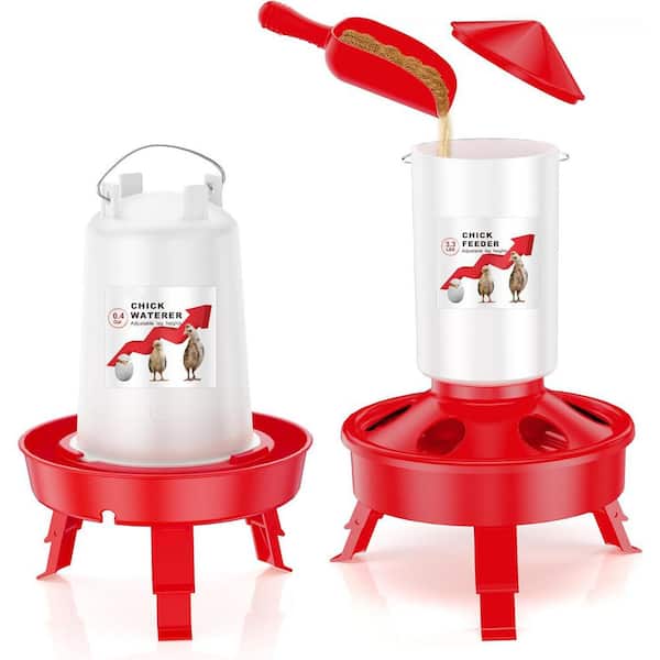 KIWDZFU Chick Feeder and Waterer Kit Top Fill 3.3 lbs.Feeder 0.4Gal Waterer Scoop Adjustable Heights Legs Red 7.5 x7.5 x 11.8in.