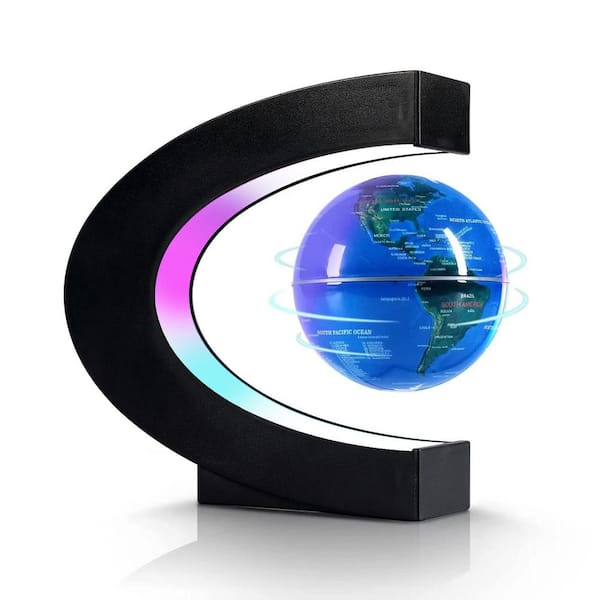 Angel Sar 7 in. x 6.8 in. C Shape Magnetic Levitation Floating Globe with LED Lights, Anniversary Item for Desk Decor, Blue
