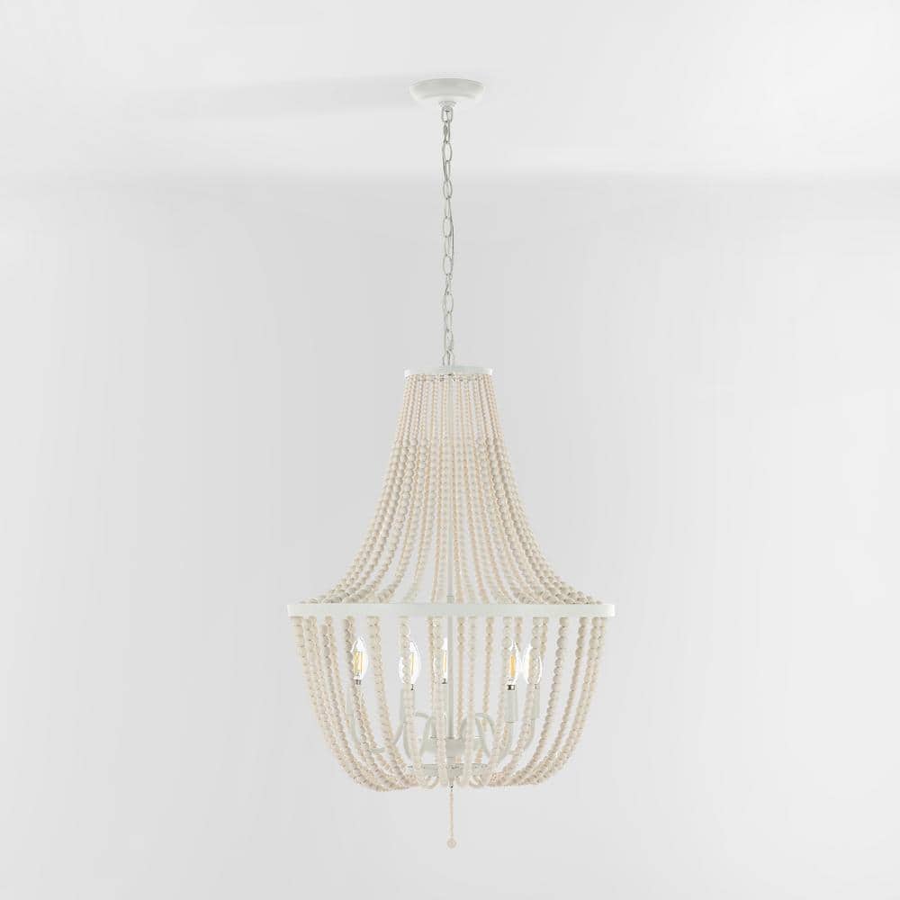 Elanie Cream Wood Beads 5-Light LED Pendant