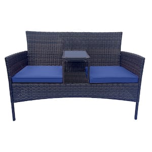 Brown Wicker Outdoor Loveseat, Patio Conversation Furniture Set with Blue Cushions And Table
