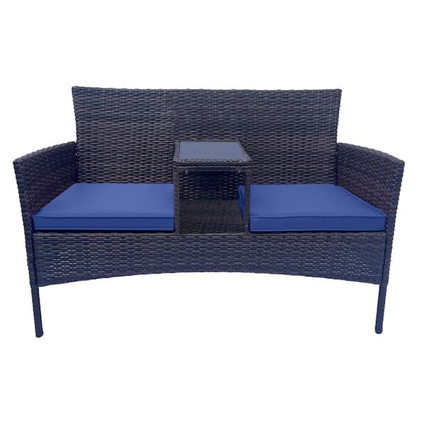 Sudzendf Brown Wicker Outdoor Loveseat, Patio Conversation Furniture Set with Blue Cushions And Table