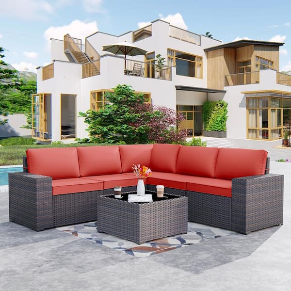 Halmuz 6-Piece Wicker Outdoor Sectional Set with Red Cushion