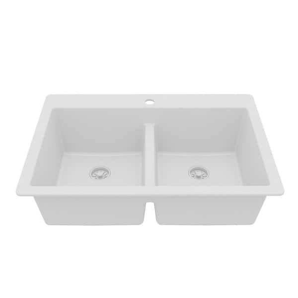 White Quartz 33 in. 50/50 Double Bowl Composite Drop-in Kitchen Sink