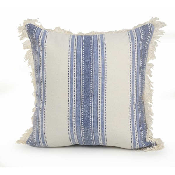 LR Home Coastal Blue / Cream 18 in. x 18 in. Striped Cotton Standard Throw Pillow