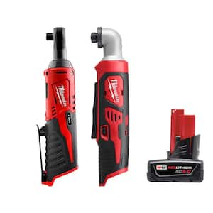 M12 12V Lithium-Ion Cordless 3/8 in. Ratchet with 1/4 in. Right Angle Hex Impact Driver and 6.0 Ah XC Battery