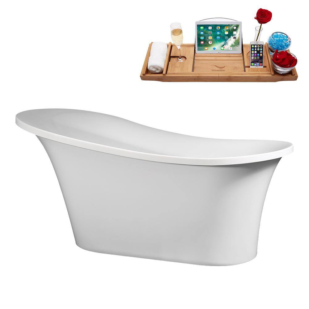 60" Glossy White Acrylic Freestanding Double Slipper Tub with Brushed Nickel Drain