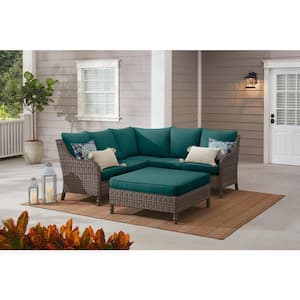 Windsor 4-Piece Brown Wicker Outdoor Patio Sectional Sofa with Ottoman and CushionGuard Malachite Green Cushions