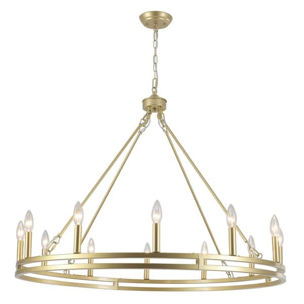 38 in. 12-Light Spray Gold Industrial Candle Wagon Wheel Chandelier Modern Round Hanging Light for Restaurant Bar