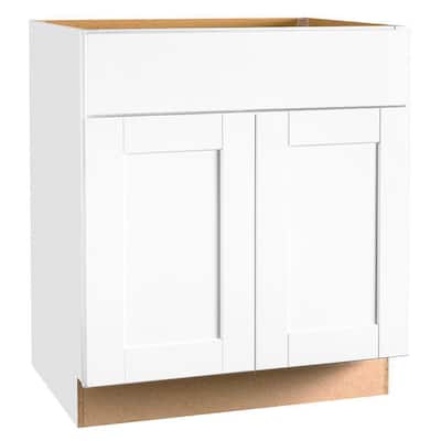 Shaker Satin White Stock Assembled Base Kitchen Cabinet with Ball-Bearing Drawer Glides (30 in. x 34.5 in. x 24 in.)