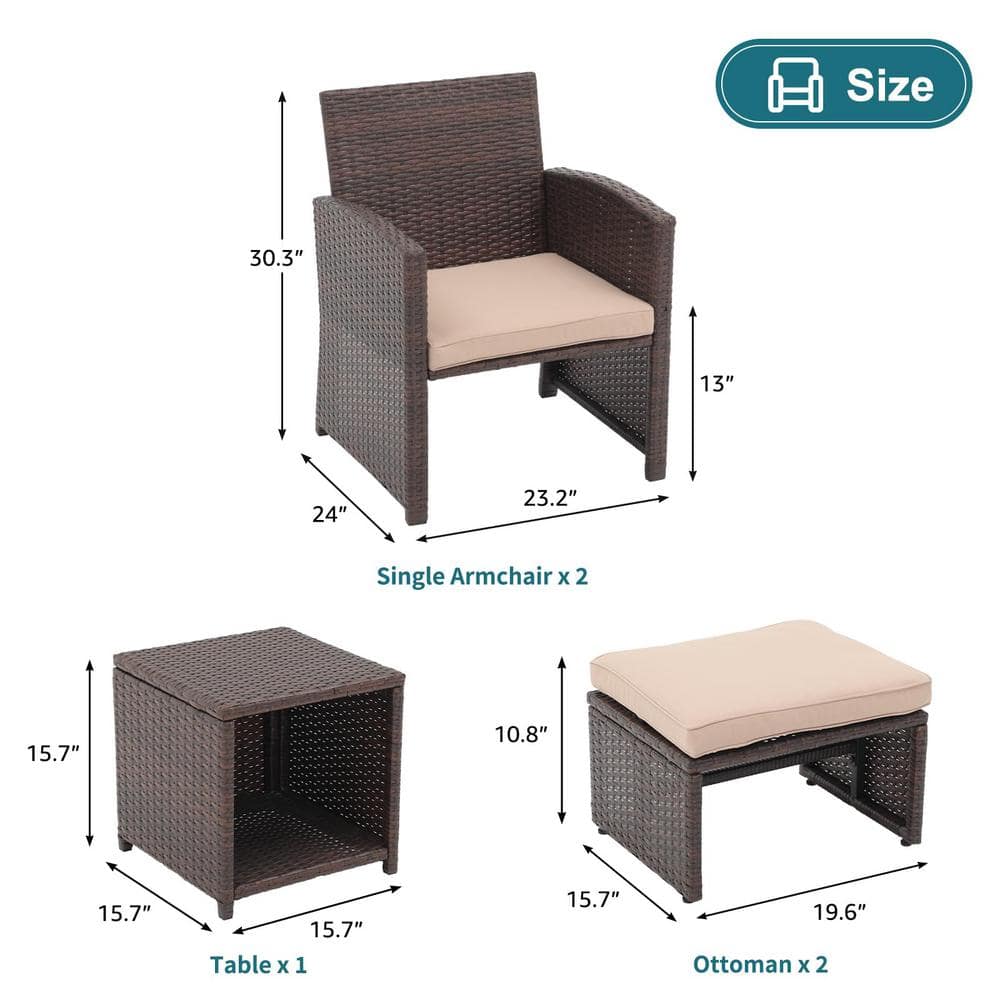 5-Piece Brown Wicker Patio Conversation Set with Beige Cushions