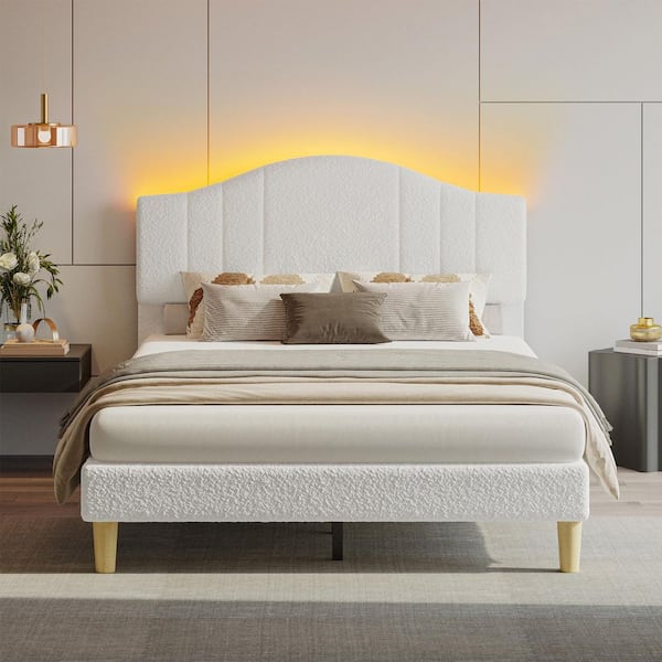 White Wood Frame Full Upholstered Platform Bed Scalloped Bed Frame with LED Adjustable Arc Headboard