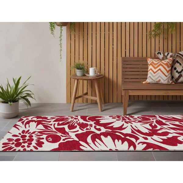 2' X 8' Red And Ivory Floral Indoor Outdoor Area Rug 2' X 8' Red And Ivory Floral Indoor Outdoor Area Rug