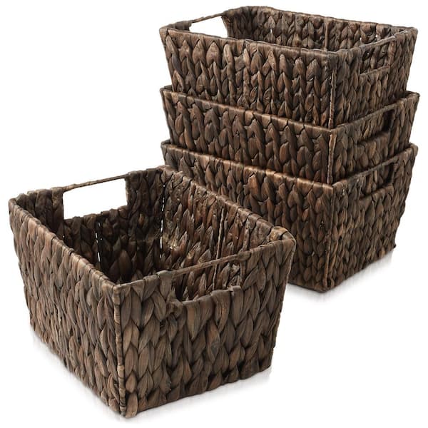 Casafield Brown Espresso 12 in. x 6 in. Wicker Water Hyacinth Decorative Baskets with Handles for Storage Set of 4