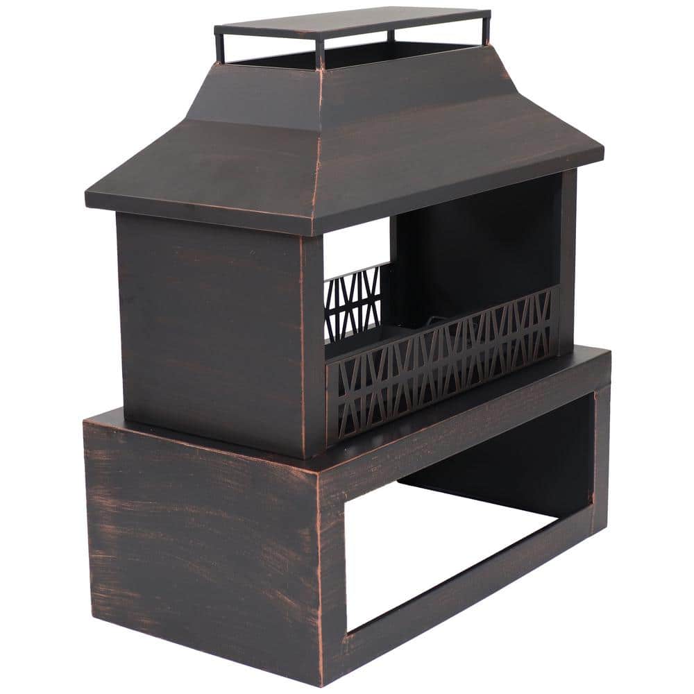 Bronze Steel Outdoor Fireplace with Log Storage and Pavilion Roof