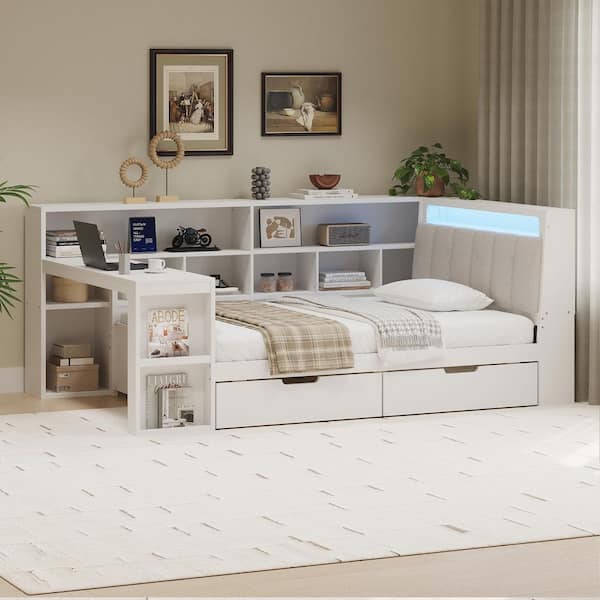 Jed White Full Size L-Shaped Daybed with Upholstered Storage Headboard, Desk, Shelves, LED Light, Drawers