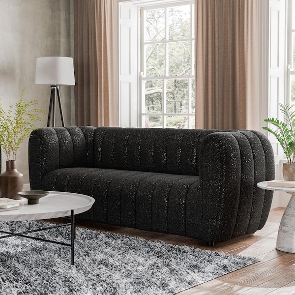 Furniture of America Laura 82.5 in Round Arm Boucle Polyester Fabric Glam Rectangle Pocket Coil Cushion Sofa in Black