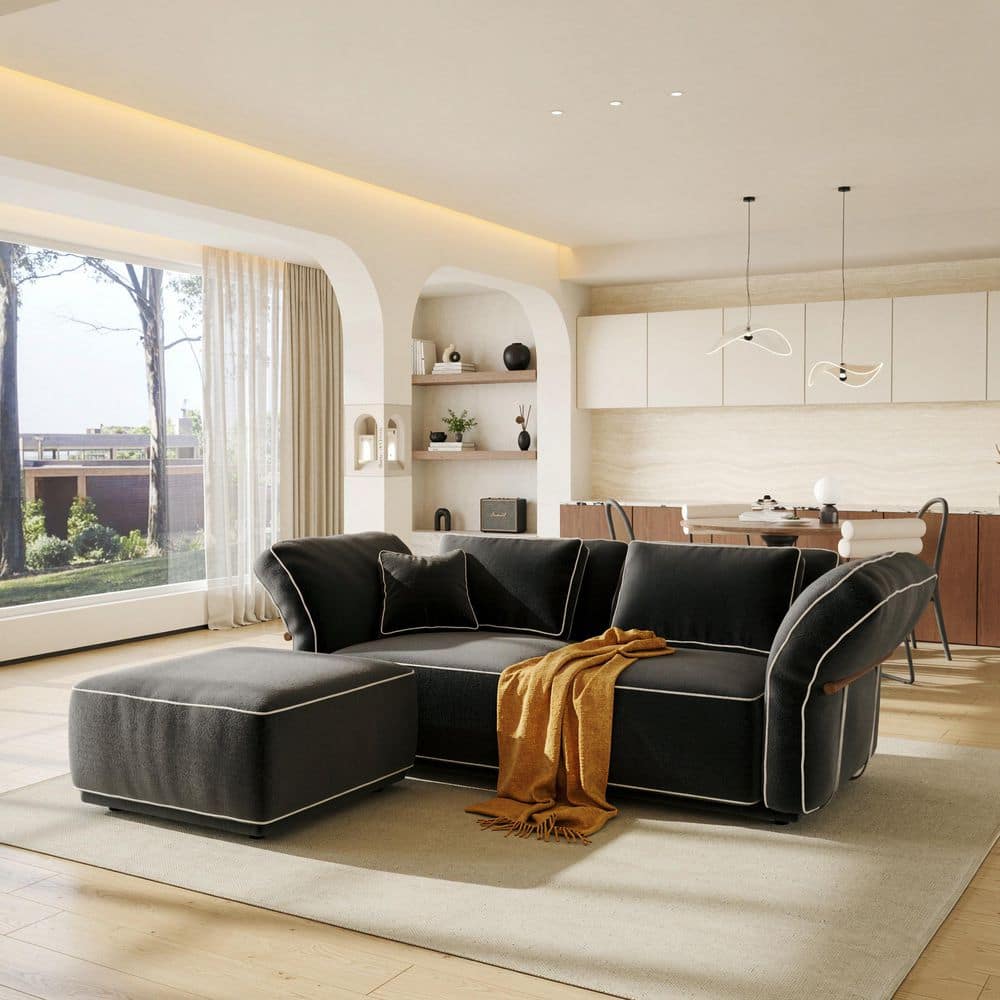 Camelot Oversized 95 in. Pillow Top Arm Fabric Modular Sectional Sofa with Washable Cover,Ottoman in Black for Apartment