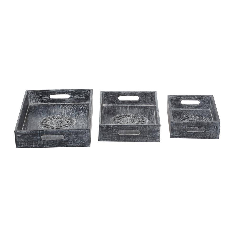 Black Wood Intricate Carved Floral Decorative Tray Set