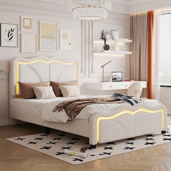 Polibi White Wood Frame Twin Platform Bed with Curve Shaped and Height-Adjustable Headboard