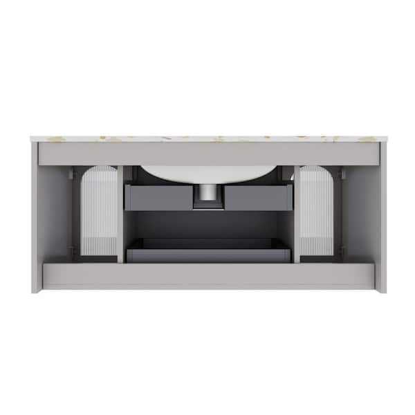 Zeus & Ruta 48 in. W x 19.7 in. D x 21.3 in. H Floating Bath Vanity in Gray with White Engineered Marble Top, Pre-Assembled