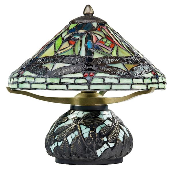 River of Goods 10 in. Green Table Lamp with Stained Glass Shade and Mosaic Base