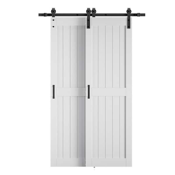 SOCBAZZAR 39 in. x 84 in. (Double 24 in.) Bypass 2-Panel Plank White MDF Interior Sliding Barn Door with Hardware Kit