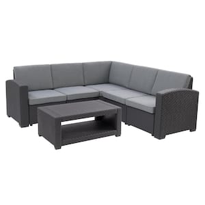 Lake Front Black 6-Piece Rust Proof Rattan Patio Sectional Set with Gray Cushions