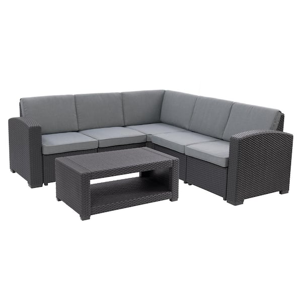 CorLiving Lake Front Black 6-Piece Rust Proof Rattan Patio Sectional Set with Gray Cushions