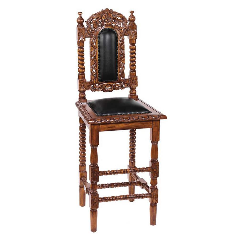 Design Toscano Charles II 53 in. Brown High Back Mahogany Wood Frame Extra Tall Height Bar Stool with Leather Seat -  AF1853