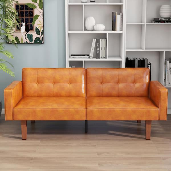 WONDER COMFORT 68.11 in. Brown Faux Leather Twin Size Sofa Bed Leisure Sleeper Couch with Ajustable Backrest for Living Room