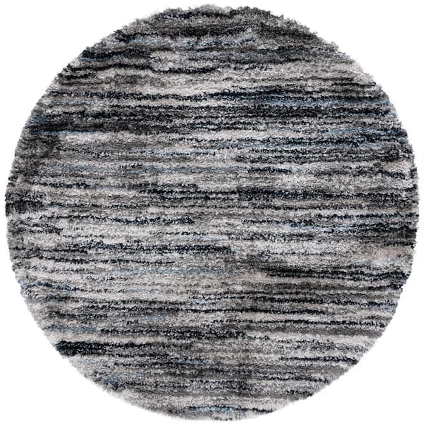 Cloud Shag 7 ft. x 7 ft. Gray/Blue Striped Distressed Round Area Rug