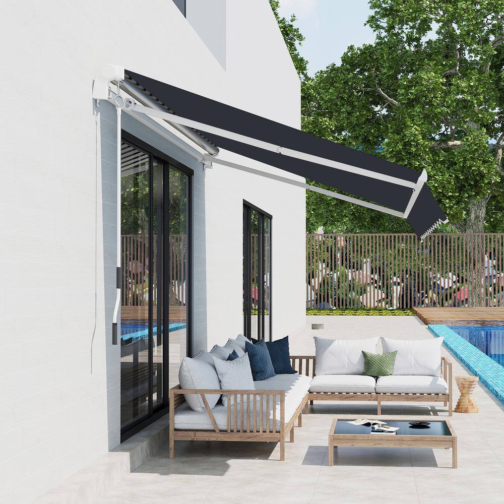 Black Aluminum 8' x 7' Retractable Patio Awning with Fabric Canopy