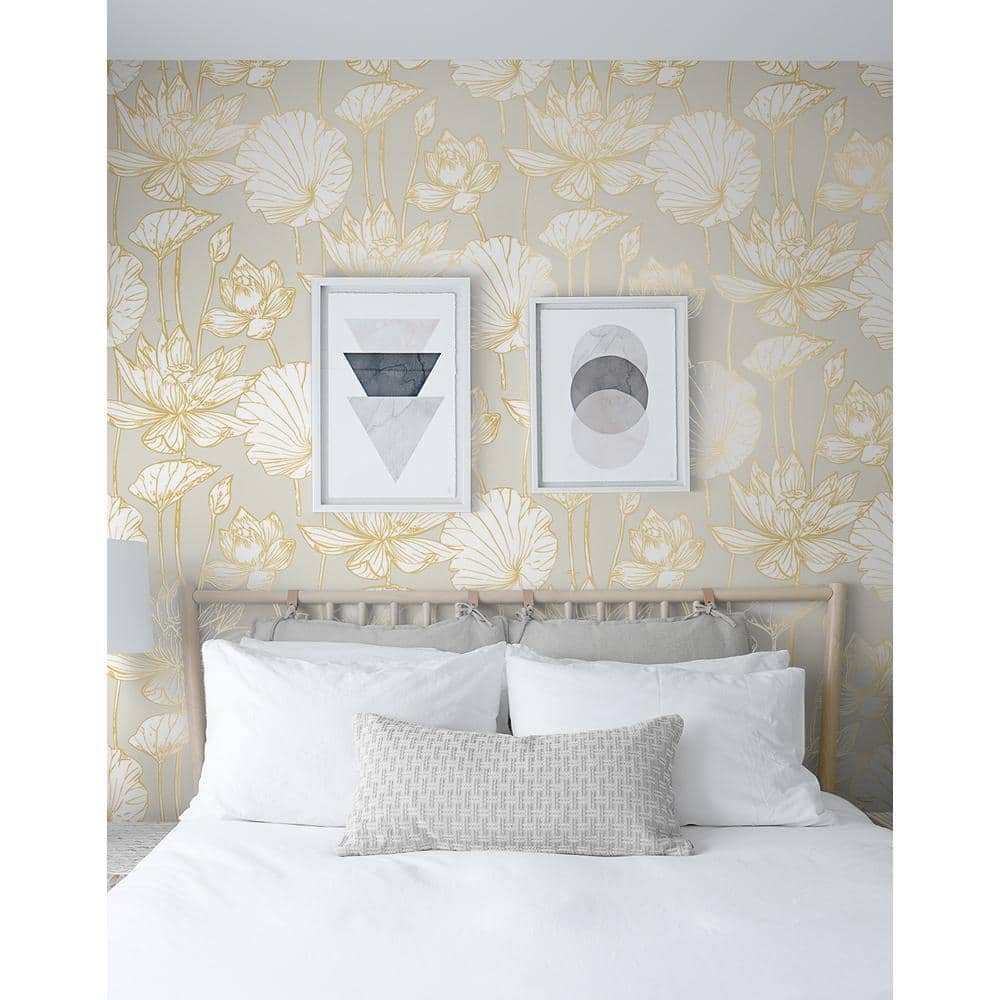 Metallic Gold and Gray Lotus Floral Peel and Stick Wallpaper