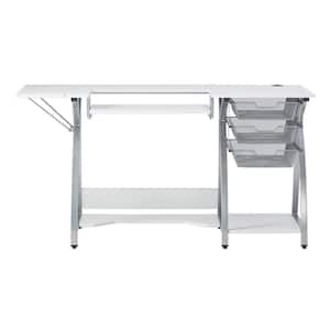 Pro Stitch 56.75 in. W PB Craft Sewing Table with Metal Mesh Drawers, Side Shelf, Drop-Down Platform in Silver/White
