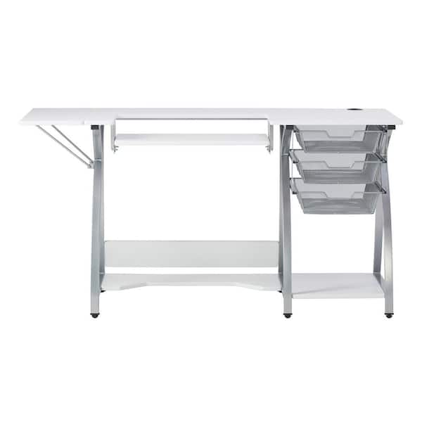 Cutting/Craft Table and Computer Desk with White Board/Black Frame Sewing Table with Lifting Board，Sewing Machine Desk with 3 Non-Woven Drawers 