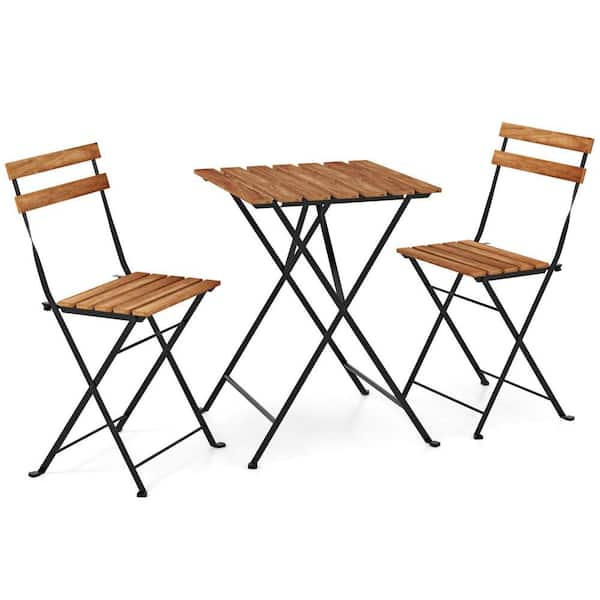 3-Piece Acacia Wood Rectangular 18 in. Outdoor Bistro Set Bistro Table with 2 Folding Chairs Slatted Seat Brown