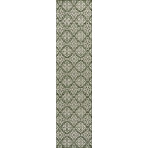 Amora Green/Cream 2 ft. x 8 ft. Traditional Mediterranean Tile Design Indoor/Outdoor Runner Rug