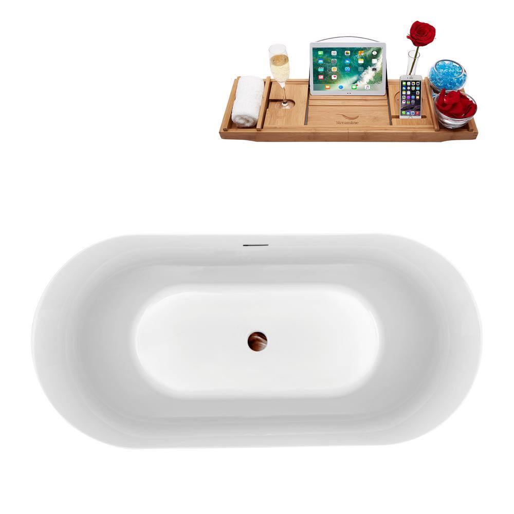59'' Glossy Black Acrylic Freestanding Bathtub with Bamboo Tray