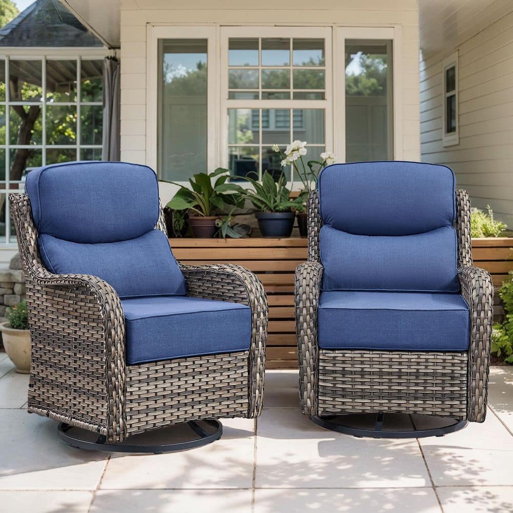 Arcadia Gray Wicker Outdoor Rocking Chair Patio Swivel Glider with 6 in. Thick Navy Blue Box-Edge Cushions (2-Pack) price history on PriceWatchPro