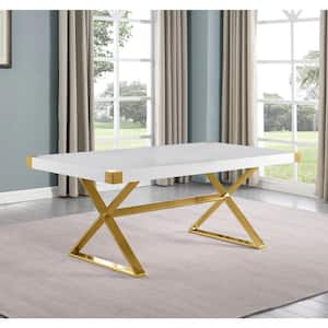 Miguel White Wood 94 in. Cross Legs Gold Stainless Steel Base Dining Table Seats 8.